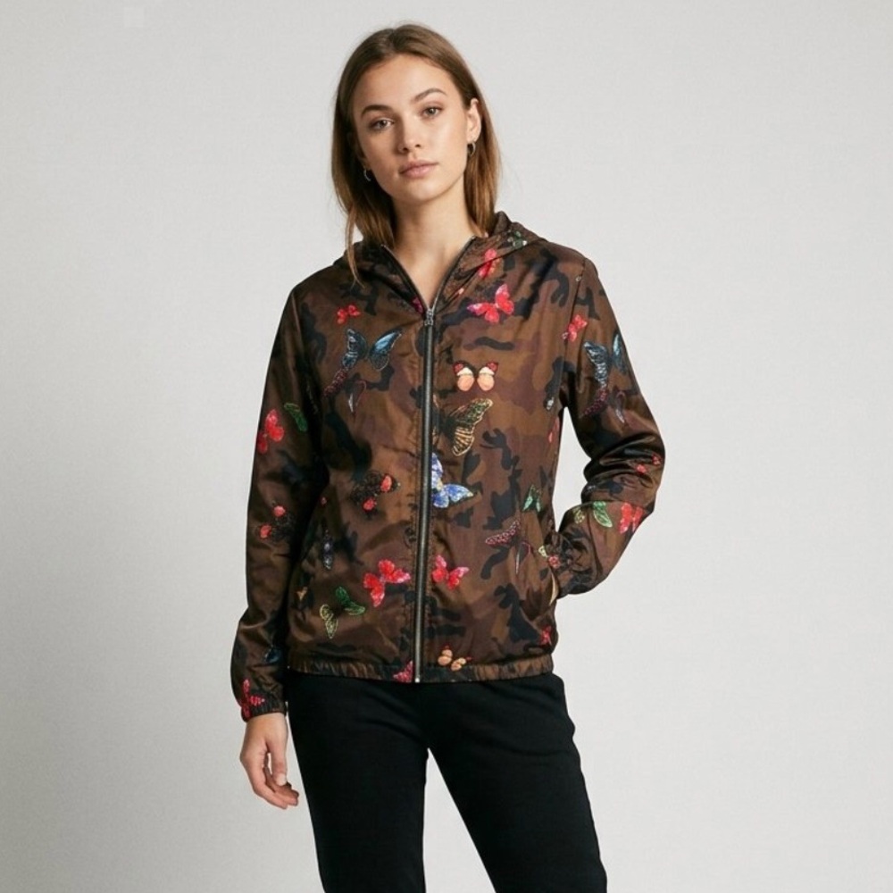 Urban Society Camo Butterfly Windbreaker Jacket Hood Size M-L Brown Streetwear